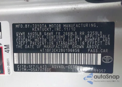 2011 Toyota Camry Xle z USA, uszkodzony, nr VIN 4T1BF3EK2BU196856